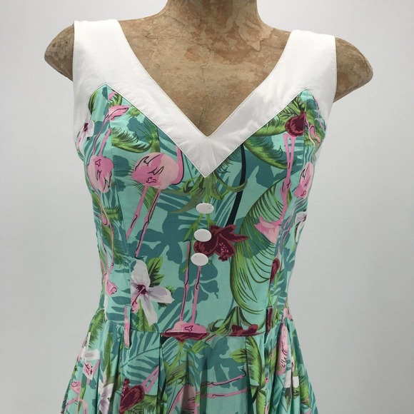 Hell Bunny Vixen Dress Womens XS Flamingo Tropical Fit & Flare V Neck Retro Flaw - Picture 3 of 12